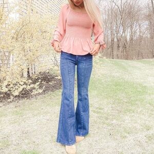 Ambiance Dusty Rose Smocked Peplum Balloon Sleeve Small Blouse